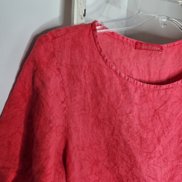 Cut loose dress womens Medium red pink floral short sleeve 100% Linen lagenlook - Picture 2 of 8